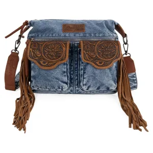 Wrangler Fringe Floral Tooled Denim Crossbody Navy