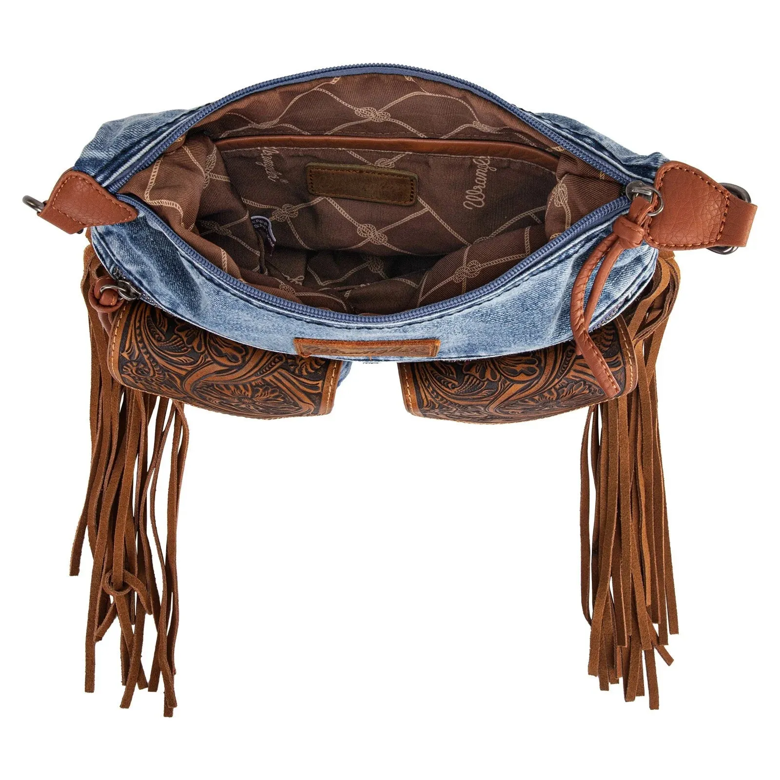 Wrangler Fringe Floral Tooled Denim Crossbody Navy