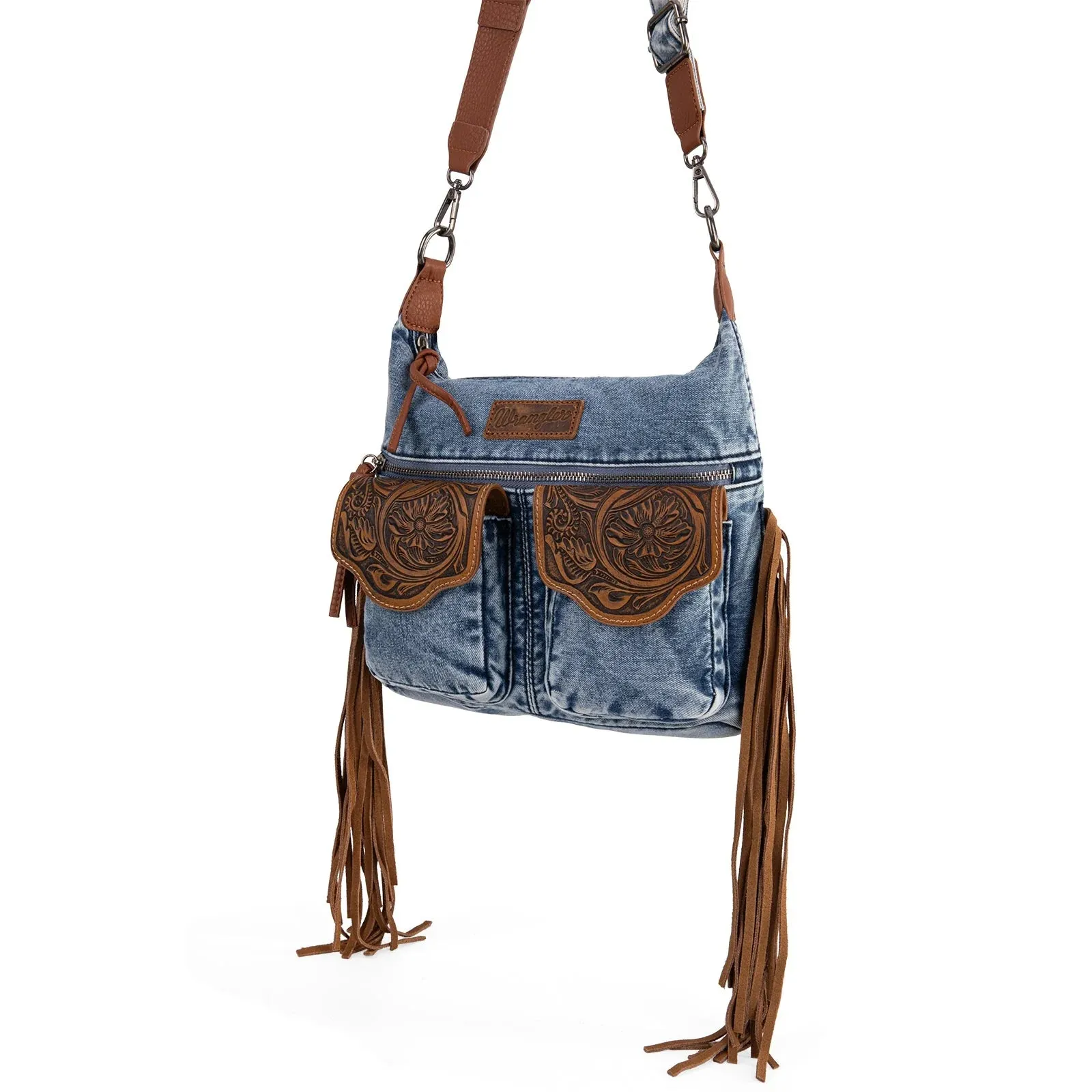 Wrangler Fringe Floral Tooled Denim Crossbody Navy