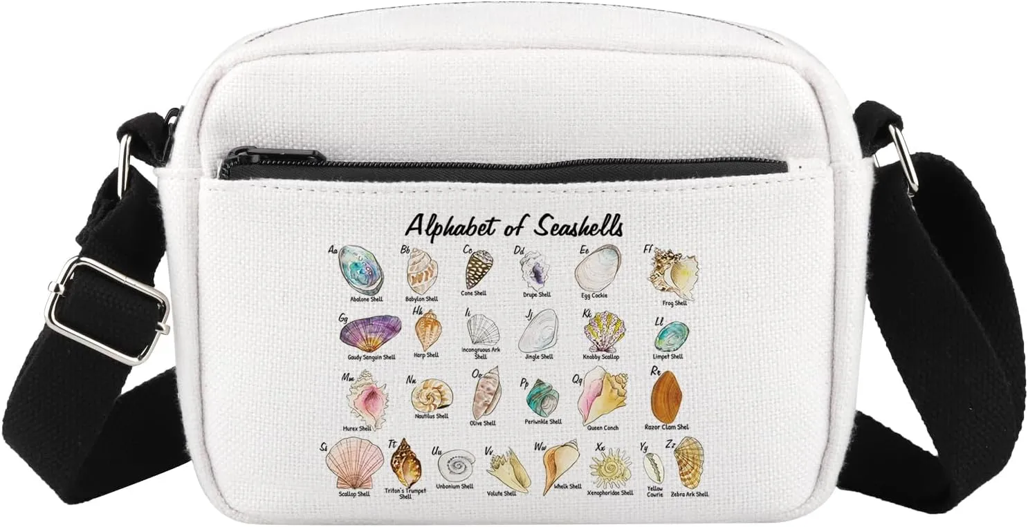 WSNANG Seashell Alphabet Canvas Tote Bag Seashell Collector Gift for Beach Lover Gift Beach Themed Bag