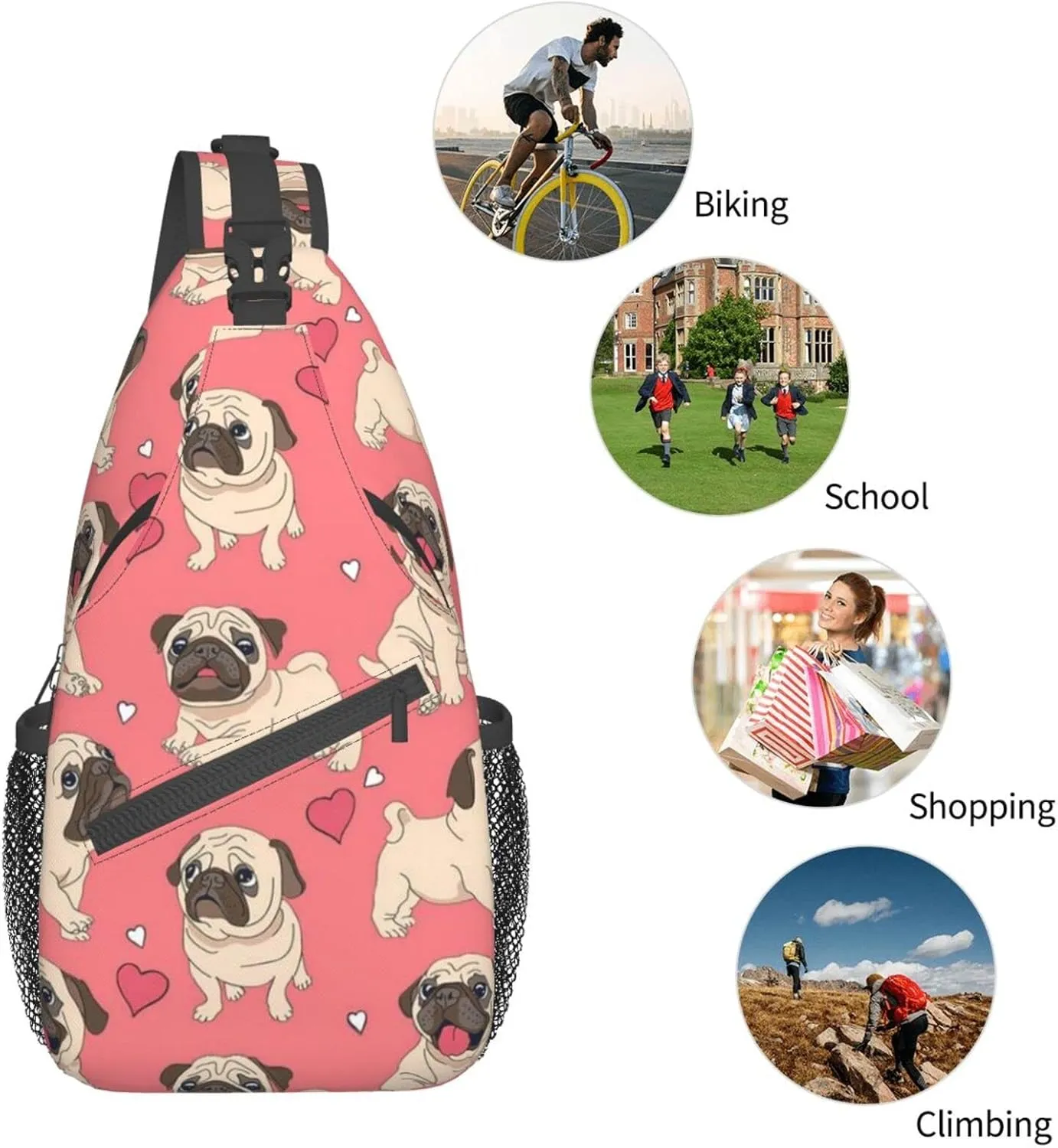 WURTON Dog Print Trendy Casual Daypack Versatile Crossbody Backpack Shoulder Bag Fashionable Chest Bag