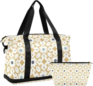 Yellow Traditional Quatrefoil Lattice Versatile Sports Travel Bag - Lasting Twill Tote, Removable Wheel & Rod Bagging, Multi-pocket Design, Complimentary Makeup Bag