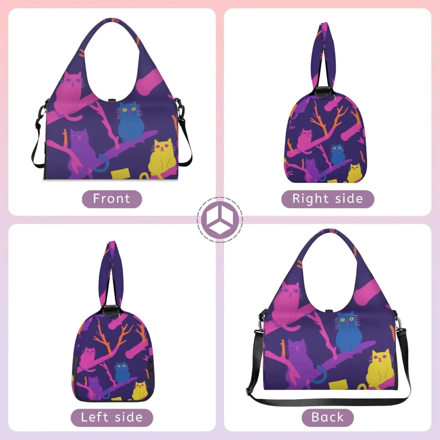 Yoga Gym Bag for Women, Cat Duffel Bag, Sport Bag with Shoe Compartment and Wet Dry Storage Pockets, Carrying Function with Yoga Mat, Suitable for Gym, Travel, Pilates and Beach (Purple)