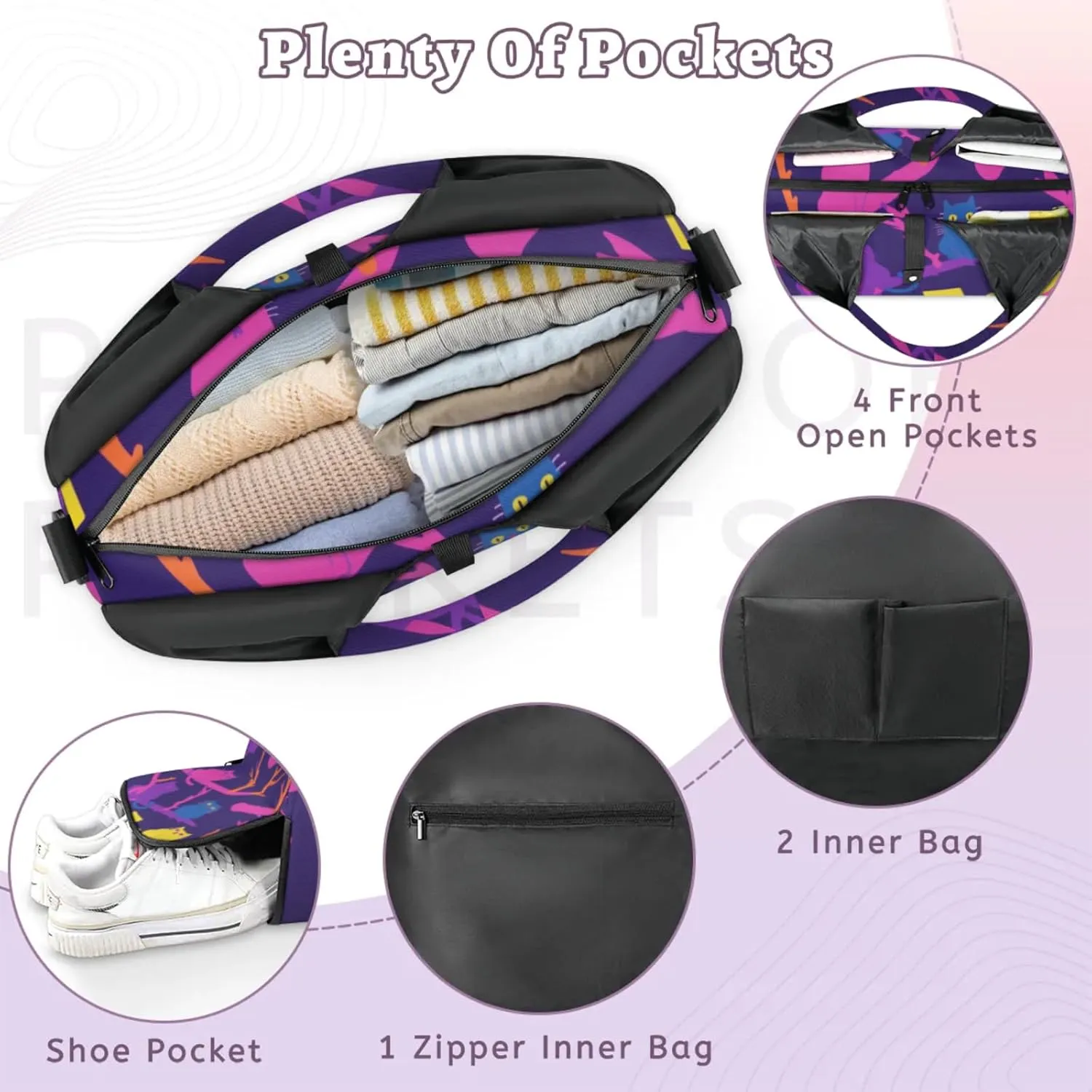 Yoga Gym Bag for Women, Cat Duffel Bag, Sport Bag with Shoe Compartment and Wet Dry Storage Pockets, Carrying Function with Yoga Mat, Suitable for Gym, Travel, Pilates and Beach (Purple)