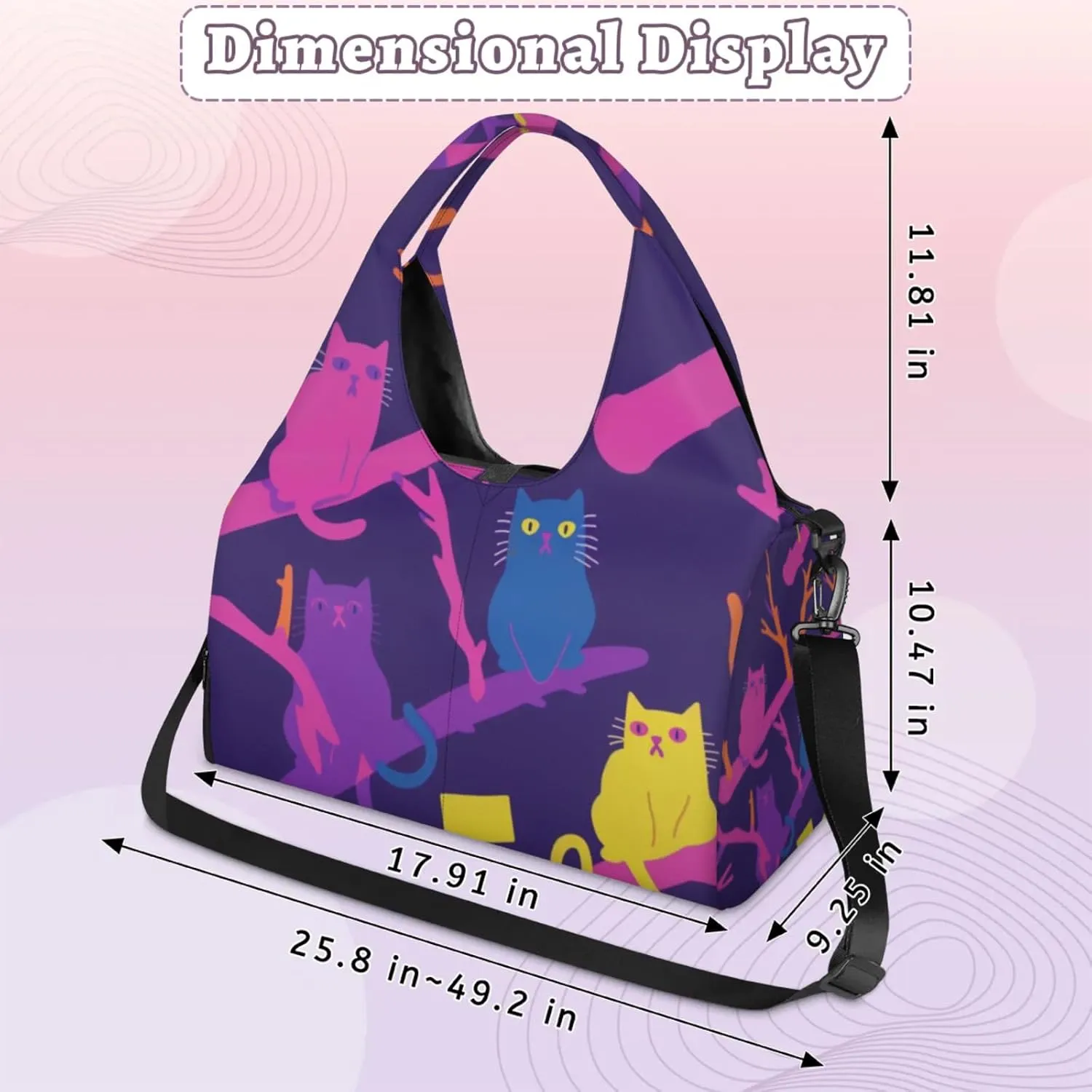 Yoga Gym Bag for Women, Cat Duffel Bag, Sport Bag with Shoe Compartment and Wet Dry Storage Pockets, Carrying Function with Yoga Mat, Suitable for Gym, Travel, Pilates and Beach (Purple)