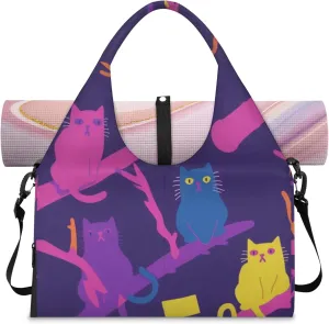 Yoga Gym Bag for Women, Cat Duffel Bag, Sport Bag with Shoe Compartment and Wet Dry Storage Pockets, Carrying Function with Yoga Mat, Suitable for Gym, Travel, Pilates and Beach (Purple)