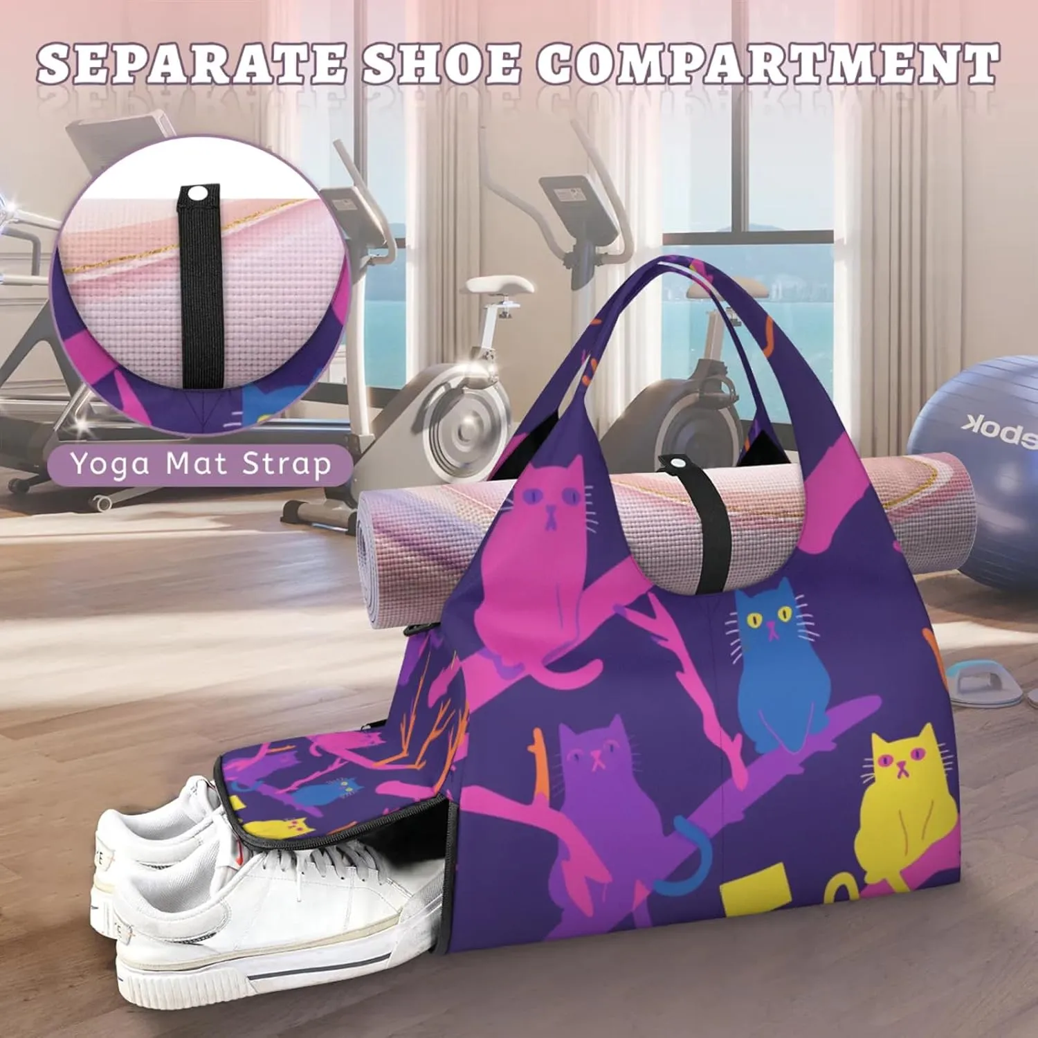 Yoga Gym Bag for Women, Cat Duffel Bag, Sport Bag with Shoe Compartment and Wet Dry Storage Pockets, Carrying Function with Yoga Mat, Suitable for Gym, Travel, Pilates and Beach (Purple)