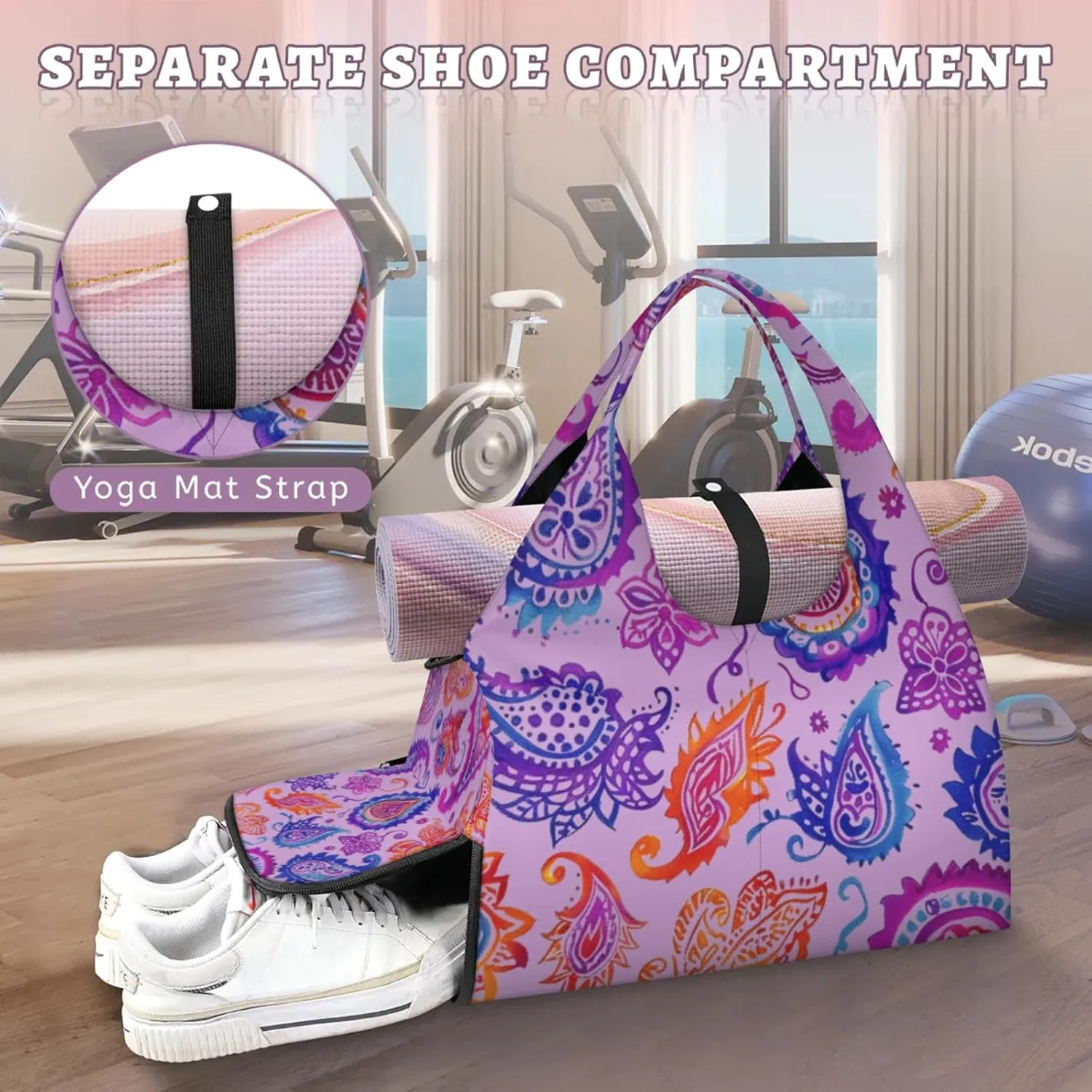 Yoga Gym Bag for Women, Figure Duffel Bag, Sport Bag with Shoe Compartment and Wet Dry Storage Pockets, Carrying Function with Yoga Mat, Suitable for Gym, Travel, Pilates and Beach (Pink)