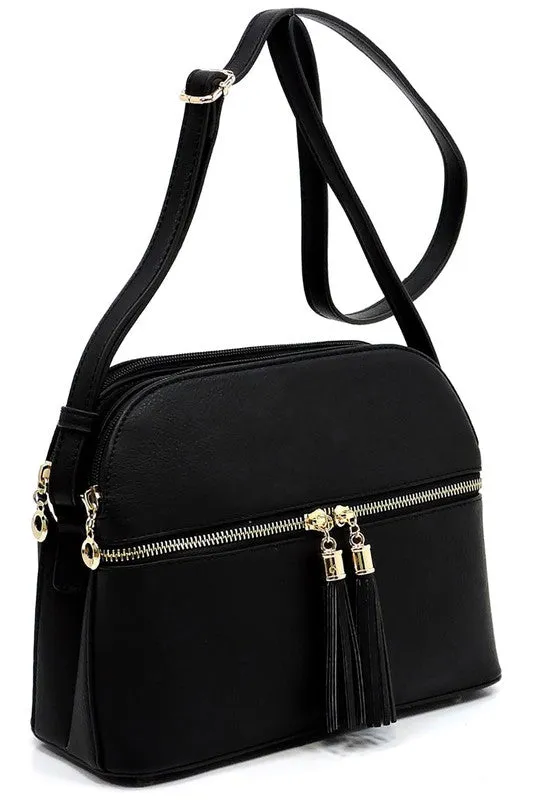 Zip Tassel Multi Compartment Crossbody Bag