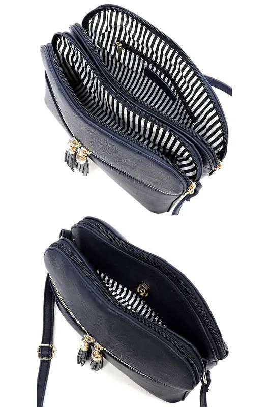 Zip Tassel Multi Compartment Crossbody Bag