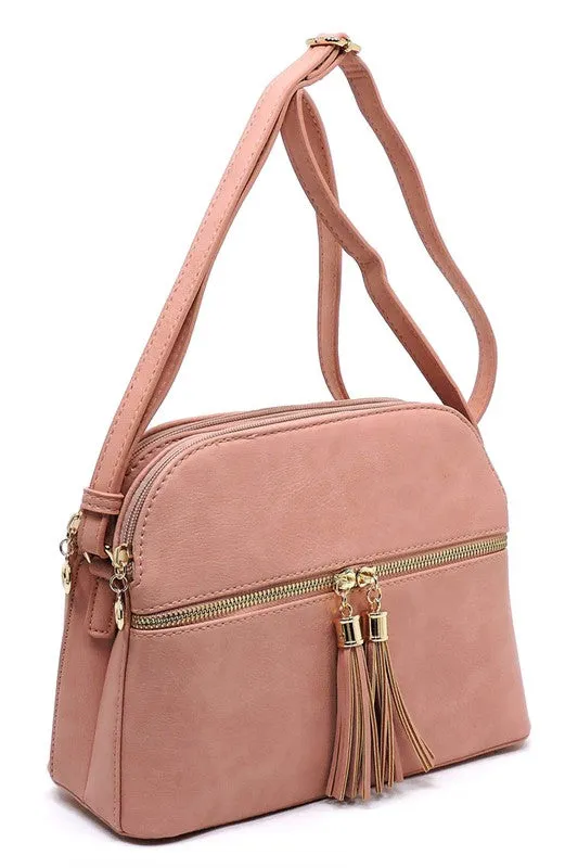 Zip Tassel Multi Compartment Crossbody Bag