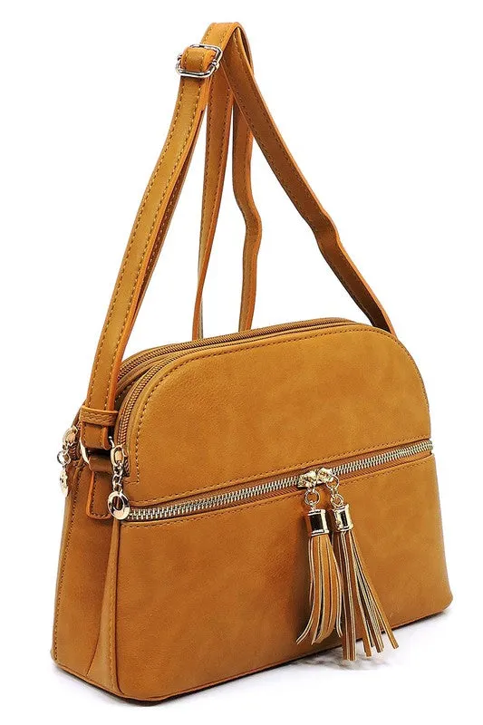 Zip Tassel Multi Compartment Crossbody Bag